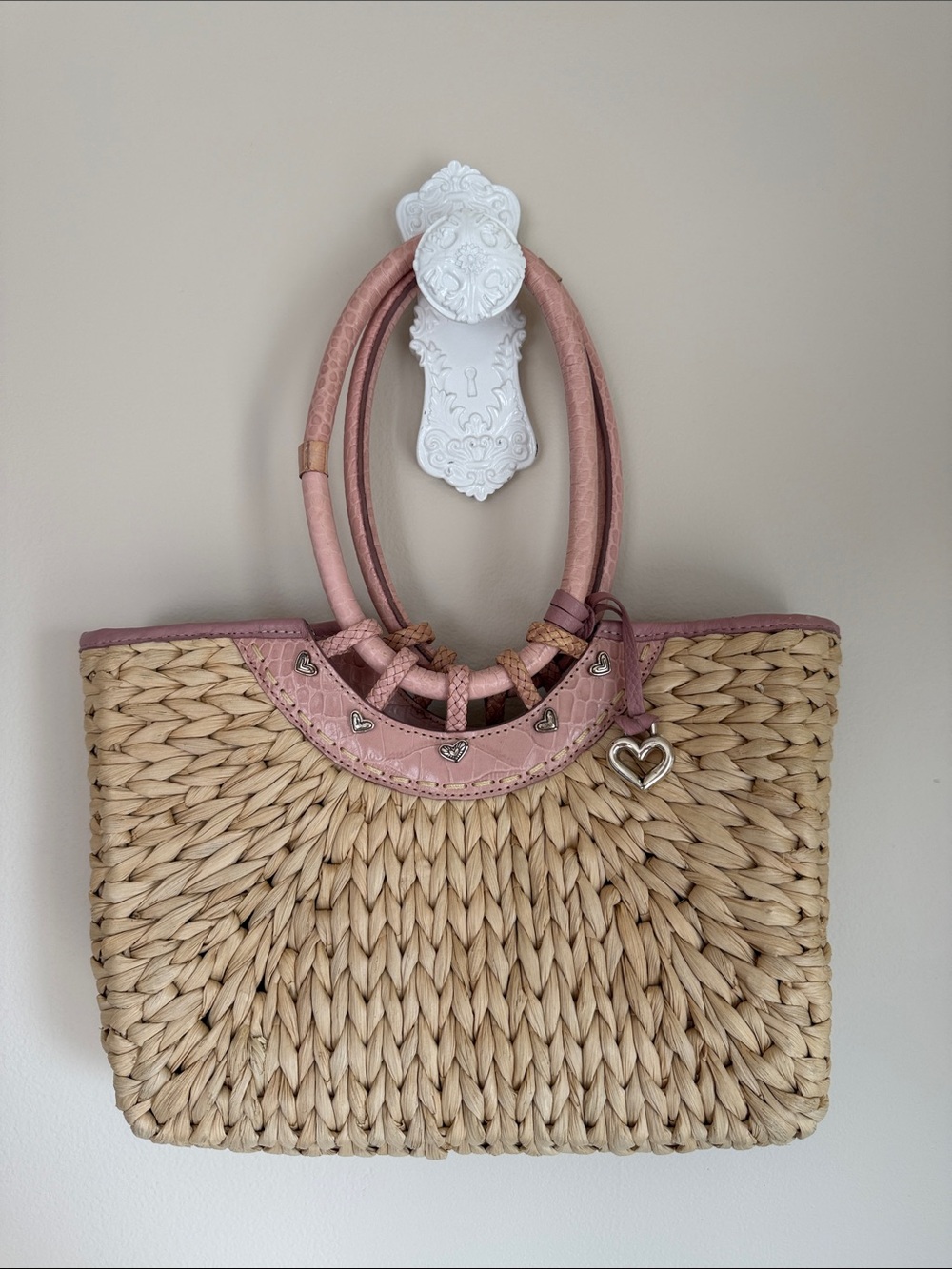 Brighton Natural Straw Tote with Pink Trim and Heart Charm